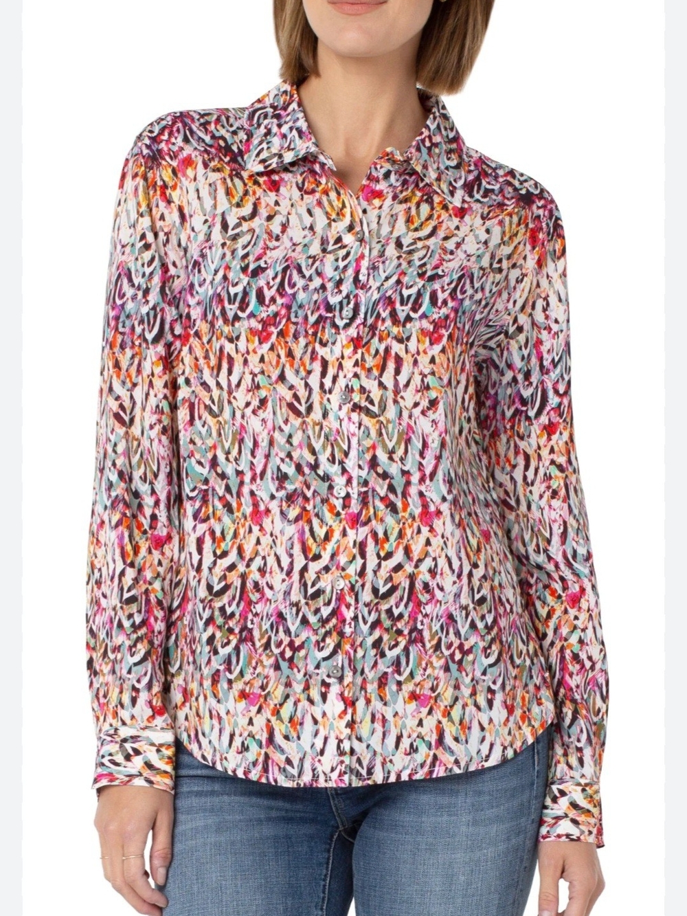 Liverpool Abstract Feather Print Button-Down Blouse in Pink, Orange, Blue
